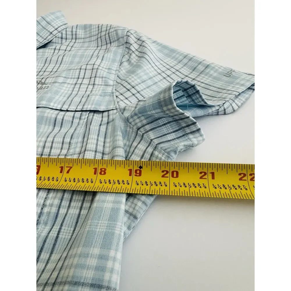 LL Bean Woman’s Tropicwear Shirt Size Small Short Sleeve Sky Blue Plaid - Picture 3 of 12